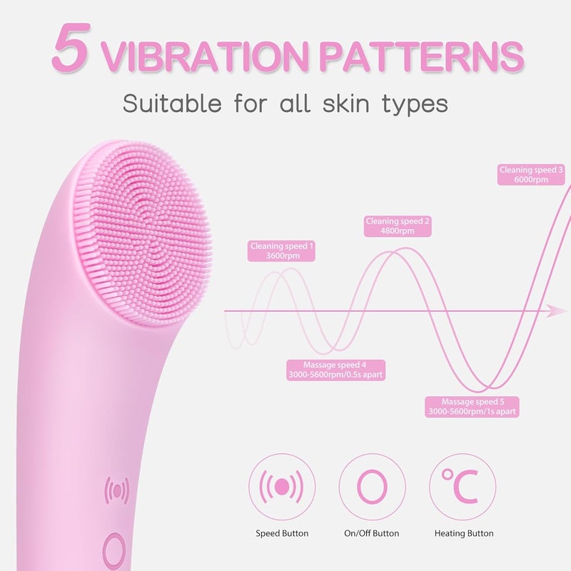 pritech Facial Cleansing Brush, Rechargeable Silicone Face Scrubber with Heat Massage End, Vibrating Exfoliator Scrubber for Deep Cleaning, Waterproof Face Brush for Women and Men (Pink) - Image 4